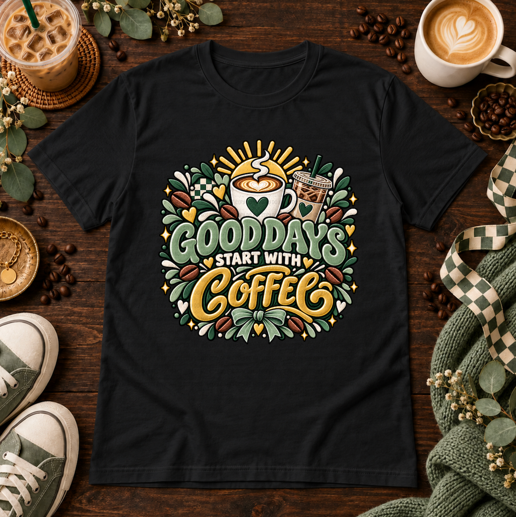 Black t-shirt with Good Days Start With Coffee design