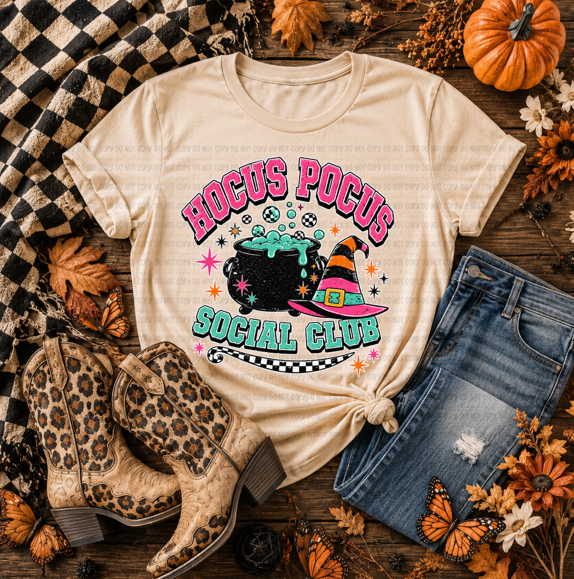 Cream t-shirt with Hocus Pocus Social Club Halloween design