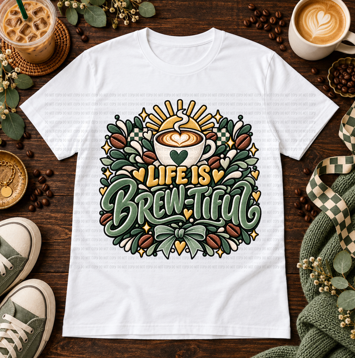 White t-shirt with Life Is Brew-tiful coffee design