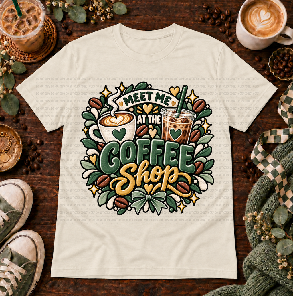 Cream t-shirt with Meet Me At The Coffee Shop design