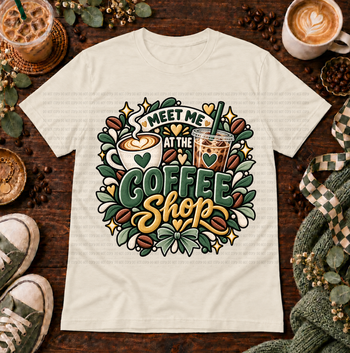 Cream t-shirt with Meet Me At The Coffee Shop design