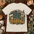 Cream t-shirt with Sip Happens coffee design