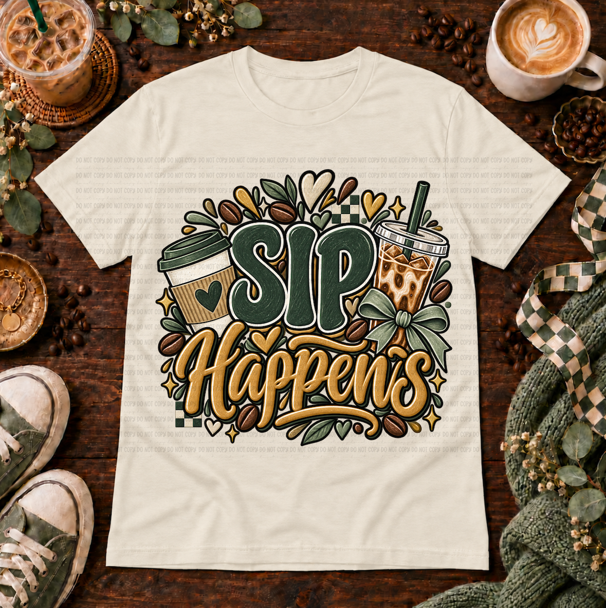 Cream t-shirt with Sip Happens coffee design