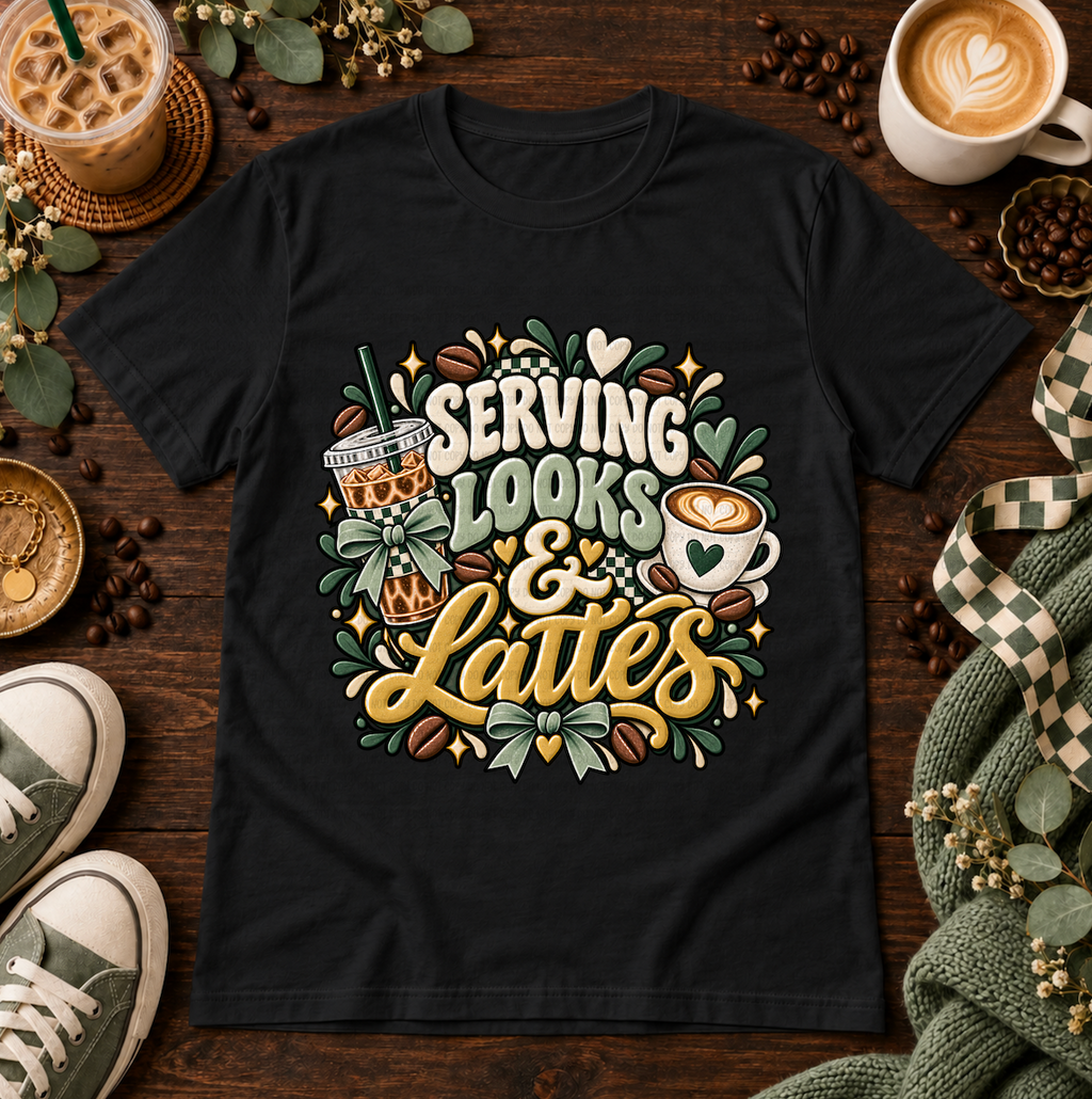 Black t-shirt with Serving Looks and Lattes coffee design