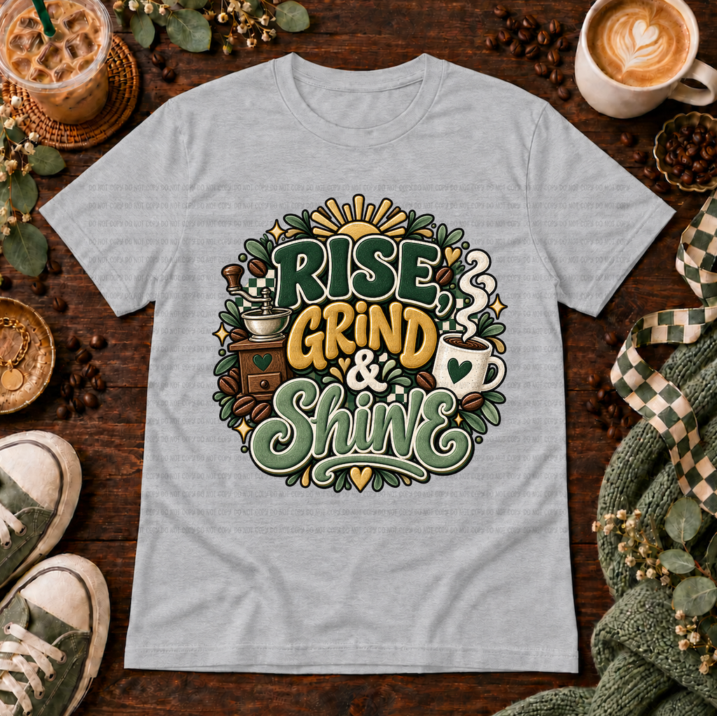 Heather grey t-shirt with Rise, Grind and Shine coffee design