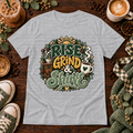 Heather grey t-shirt with Rise, Grind and Shine coffee design