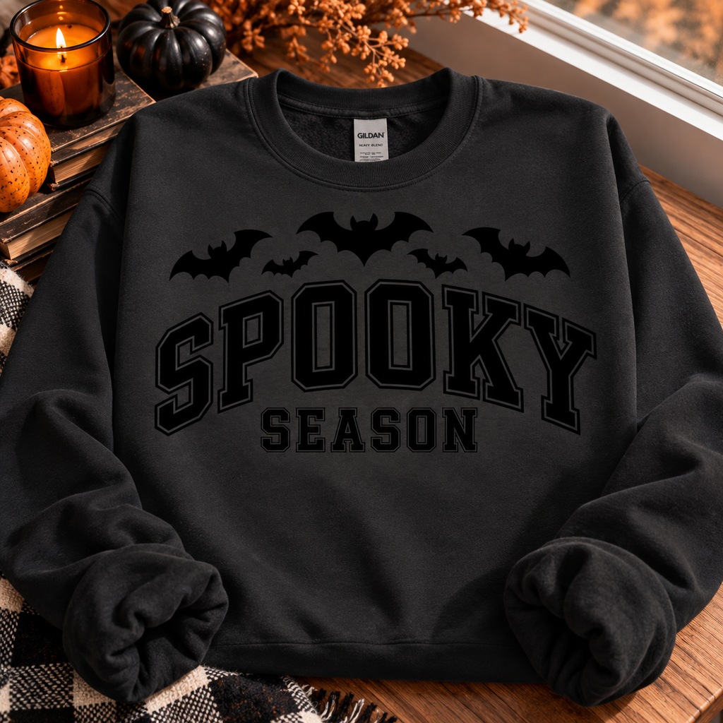 Black sweatshirt with tonal Spooky Season bats design