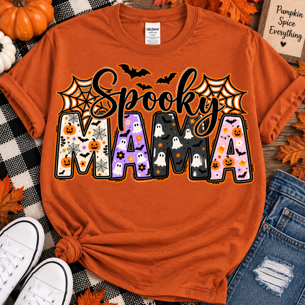 Orange t-shirt with Spooky Mama Halloween design