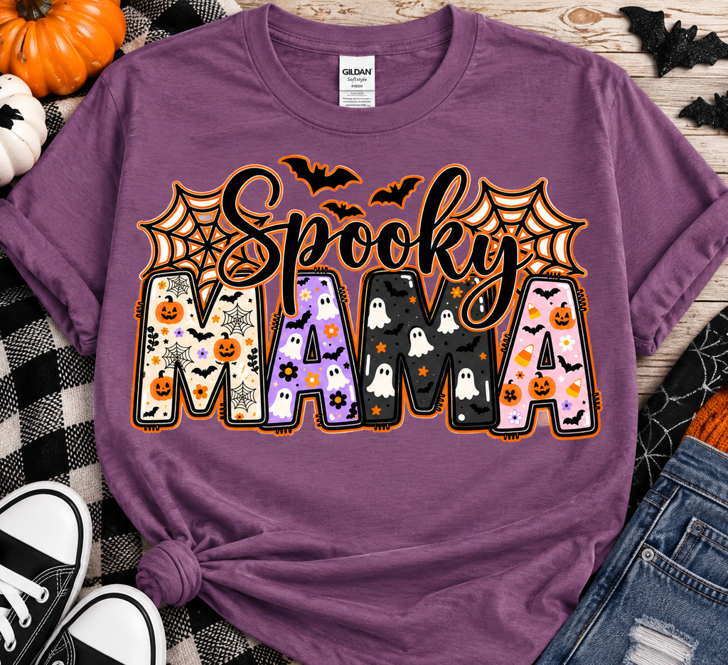 Heather purple t-shirt with Spooky Mama Halloween design