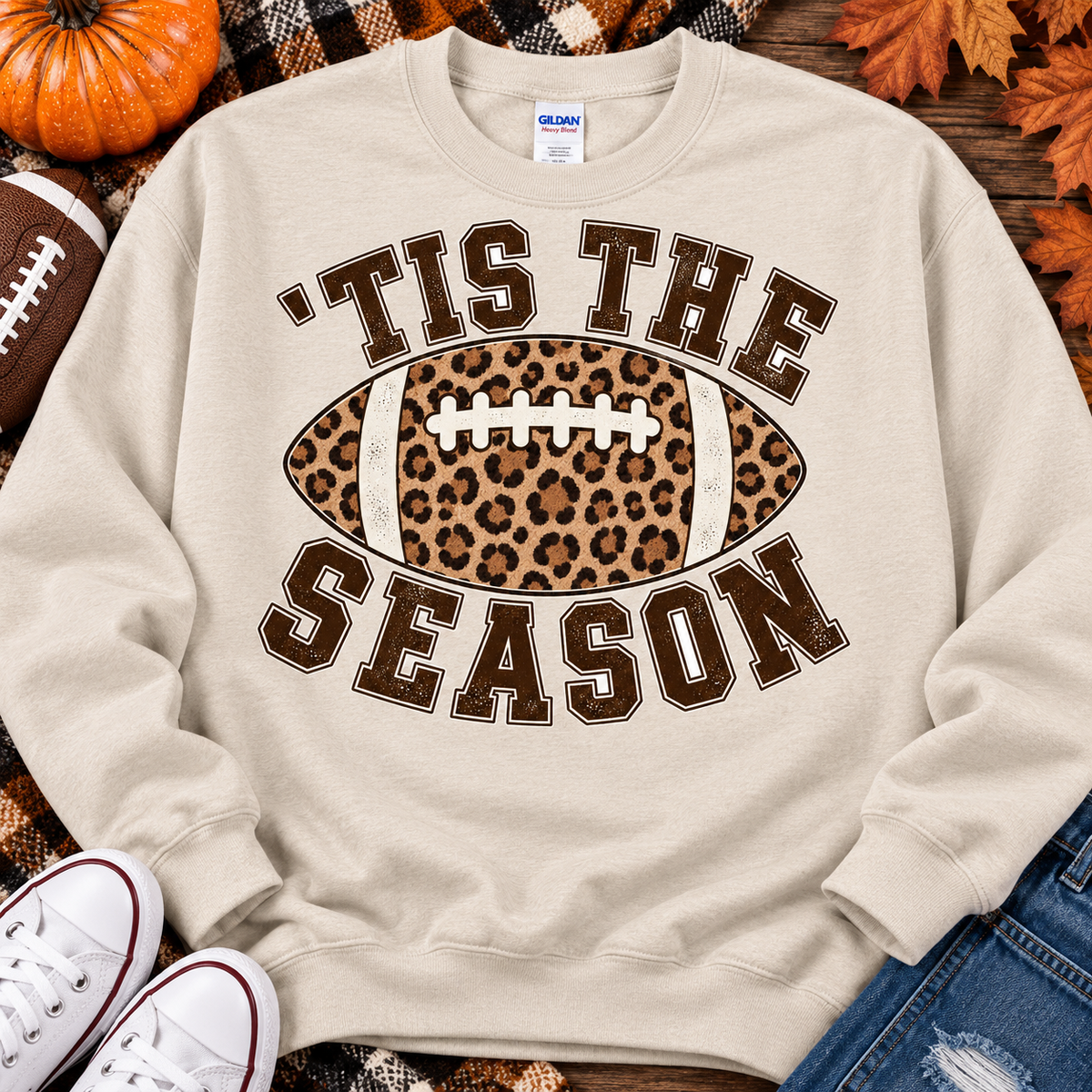 Sand sweatshirt with 'Tis The Season leopard football design