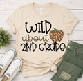 Wild About 2nd Grade t-shirt in natural tan with leopard apple