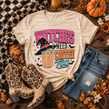 Cream shirt with colorful Witches Need Coffee Too witch and iced coffee graphic