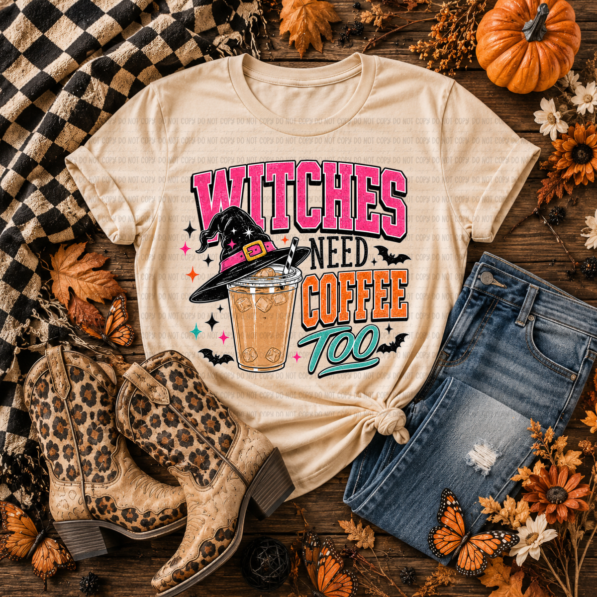 Cream shirt with colorful Witches Need Coffee Too witch and iced coffee graphic