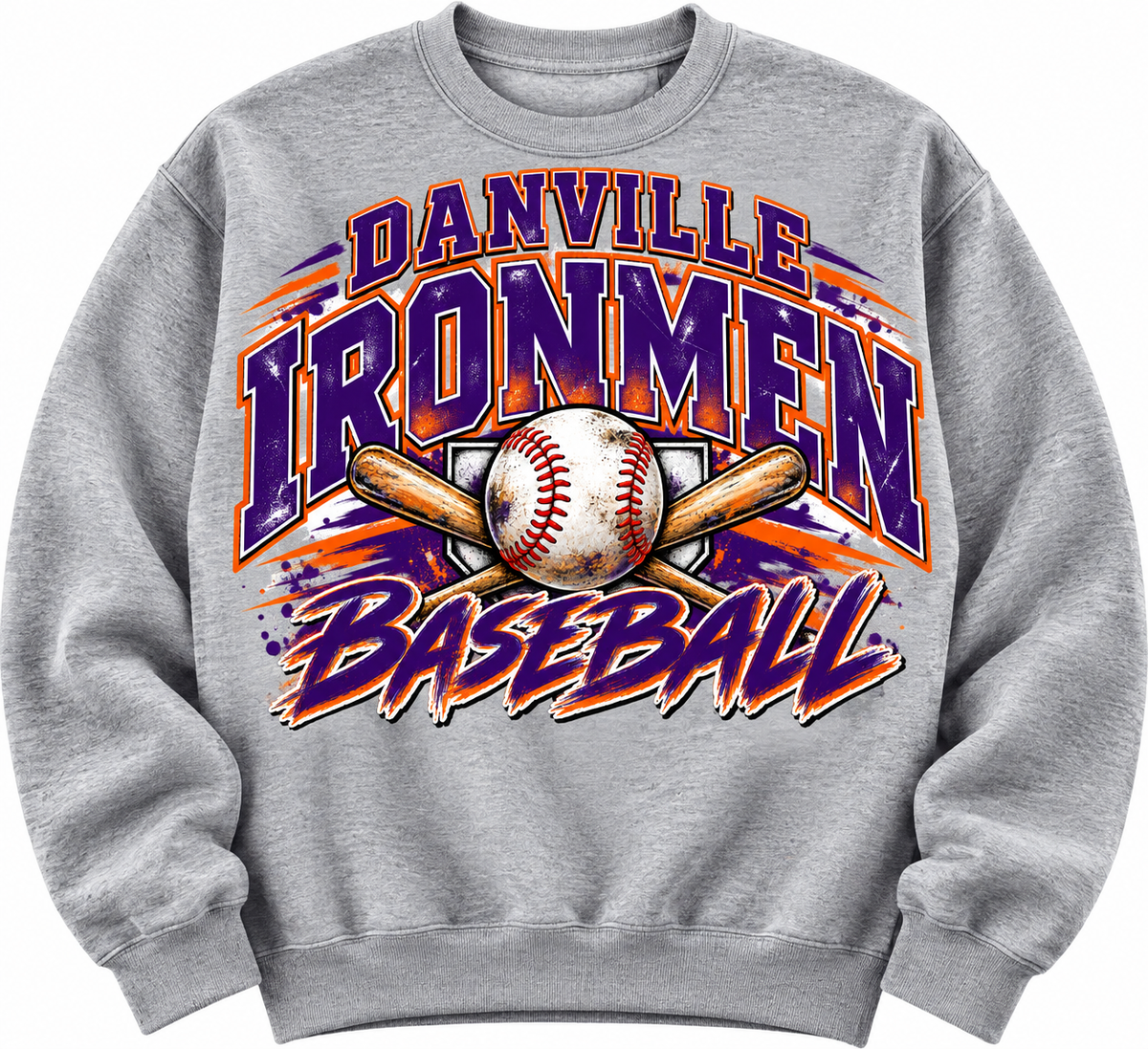 Gray sweatshirt with Danville Ironmen Baseball lettering and baseball with crossed bats