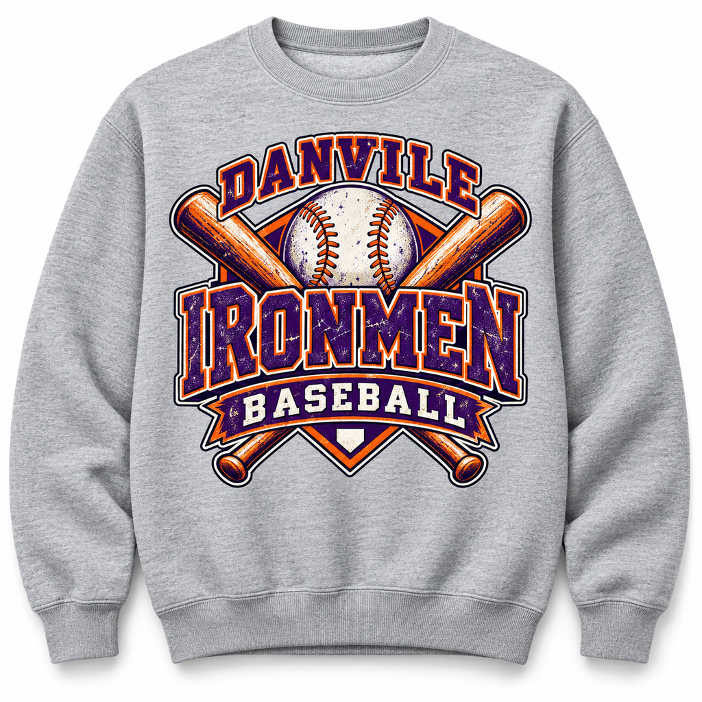 Gray sweatshirt with purple and orange Danville Ironmen Baseball shield and crossed bats design