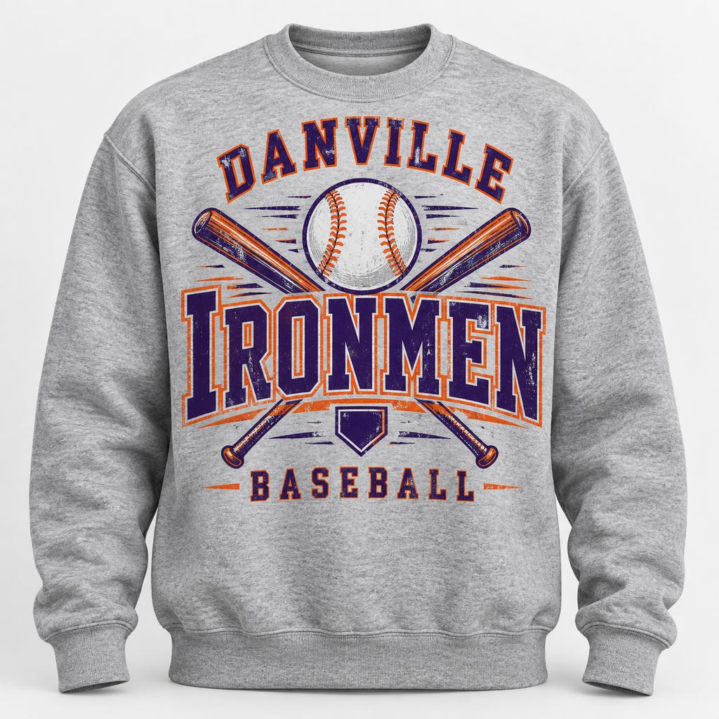 Gray sweatshirt with distressed Danville Ironmen Baseball design in purple and orange