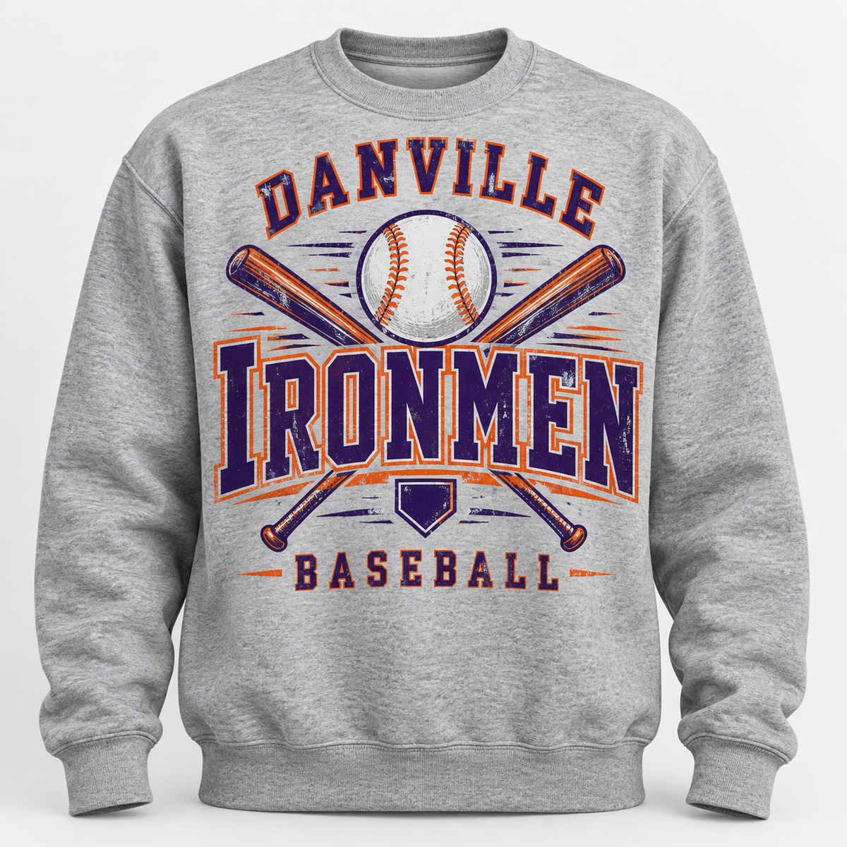 Gray sweatshirt with distressed Danville Ironmen Baseball design in purple and orange