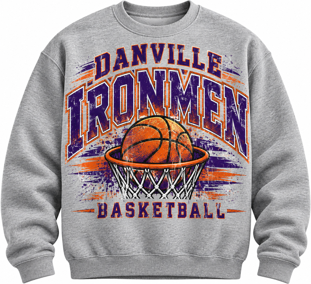 Gray sweatshirt with distressed purple and orange Danville Ironmen Basketball hoop design
