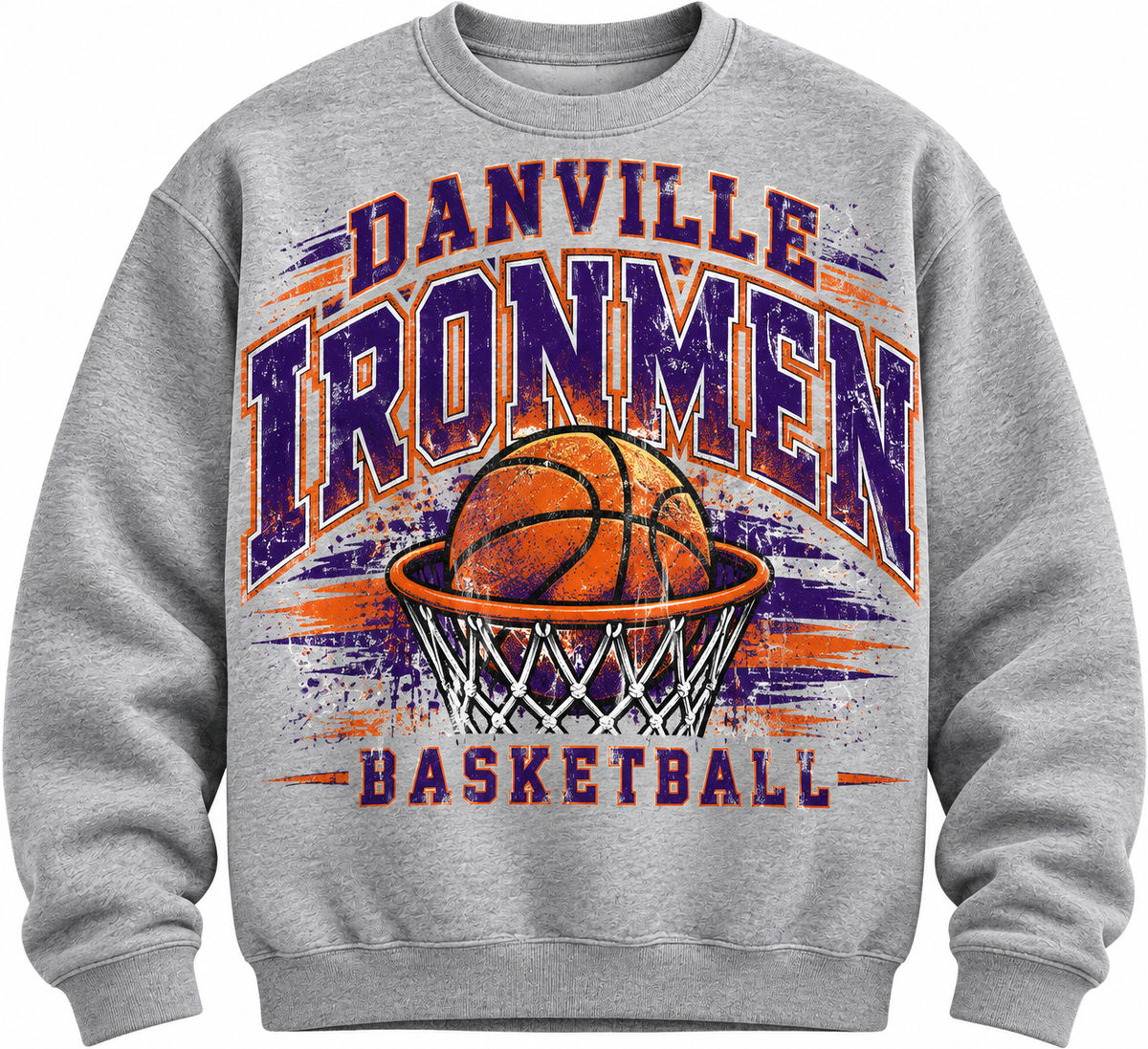 Gray sweatshirt with distressed purple and orange Danville Ironmen Basketball hoop design