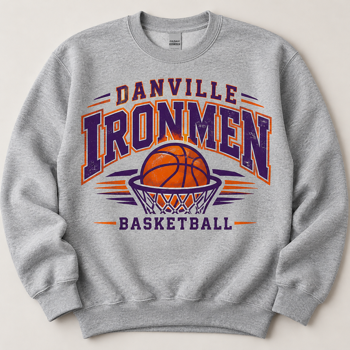 Gray sweatshirt with Danville Ironmen lettering and basketball in a purple and orange hoop