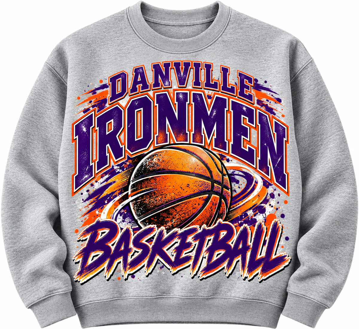 Gray sweatshirt with purple and orange Danville Ironmen Basketball lettering and large basketball graphic