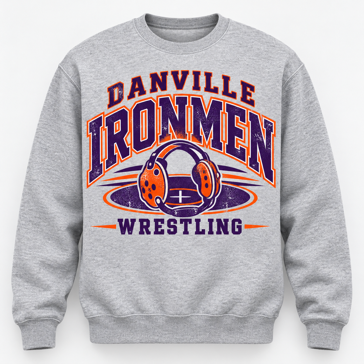 Gray sweatshirt with purple and orange Danville Ironmen Wrestling headgear and mat design