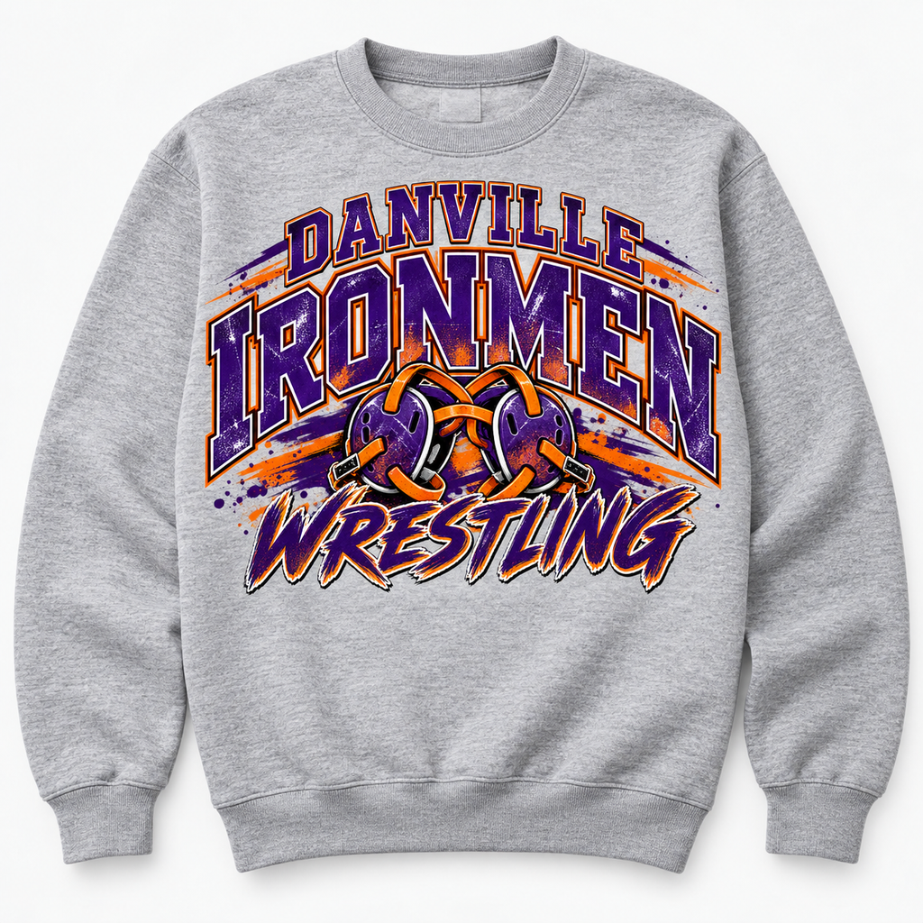 Gray sweatshirt with distressed Danville Ironmen Wrestling lettering and purple and orange headgear