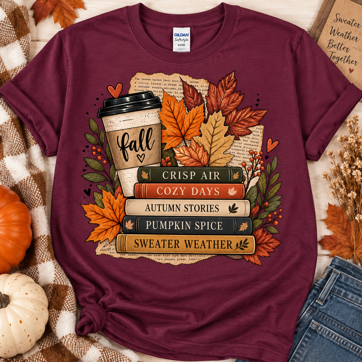 Maroon t-shirt with fall book stack and coffee cup design