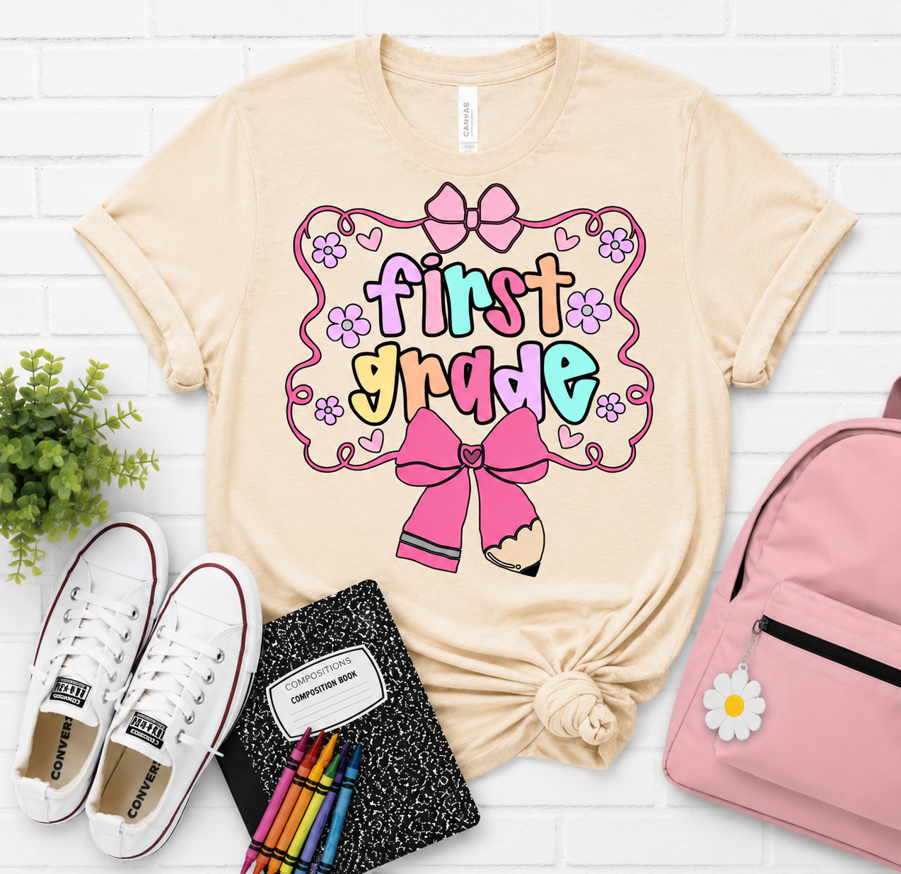 First Grade Bow and Pencil t-shirt in natural tan
