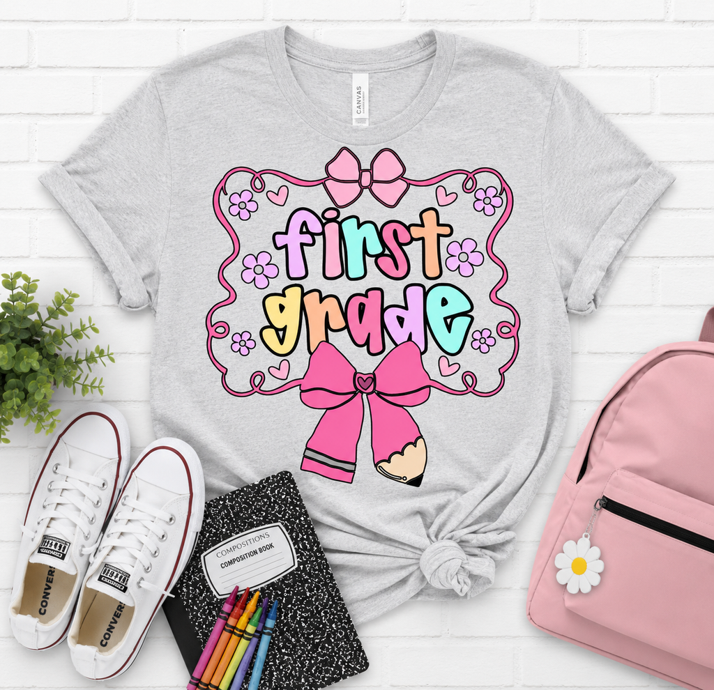First Grade Bow and Pencil t-shirt in heather gray