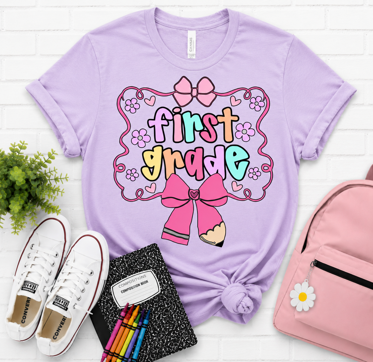First Grade Bow and Pencil t-shirt in lavender