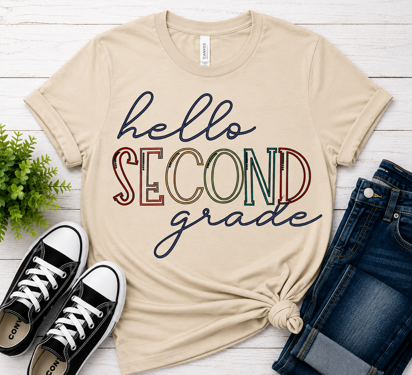 Hello Second Grade t-shirt in natural tan with retro lettering