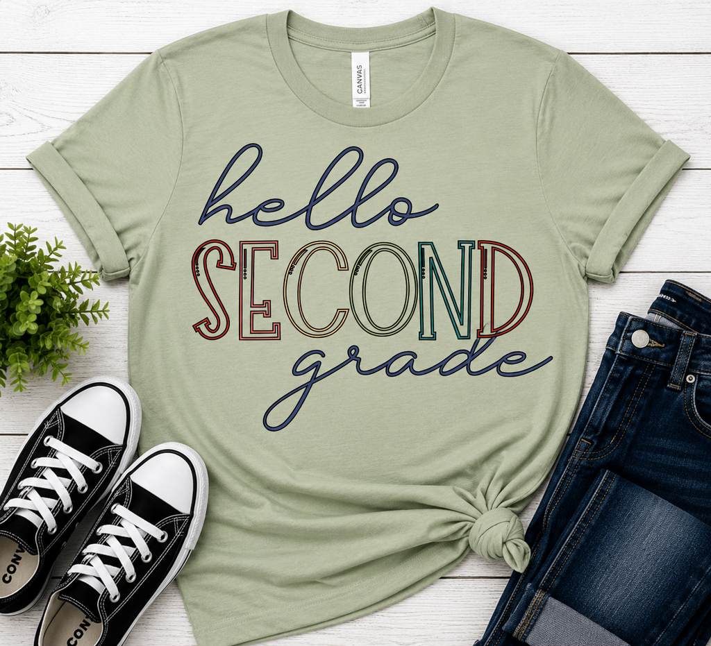 Hello Second Grade t-shirt in sage green with retro lettering