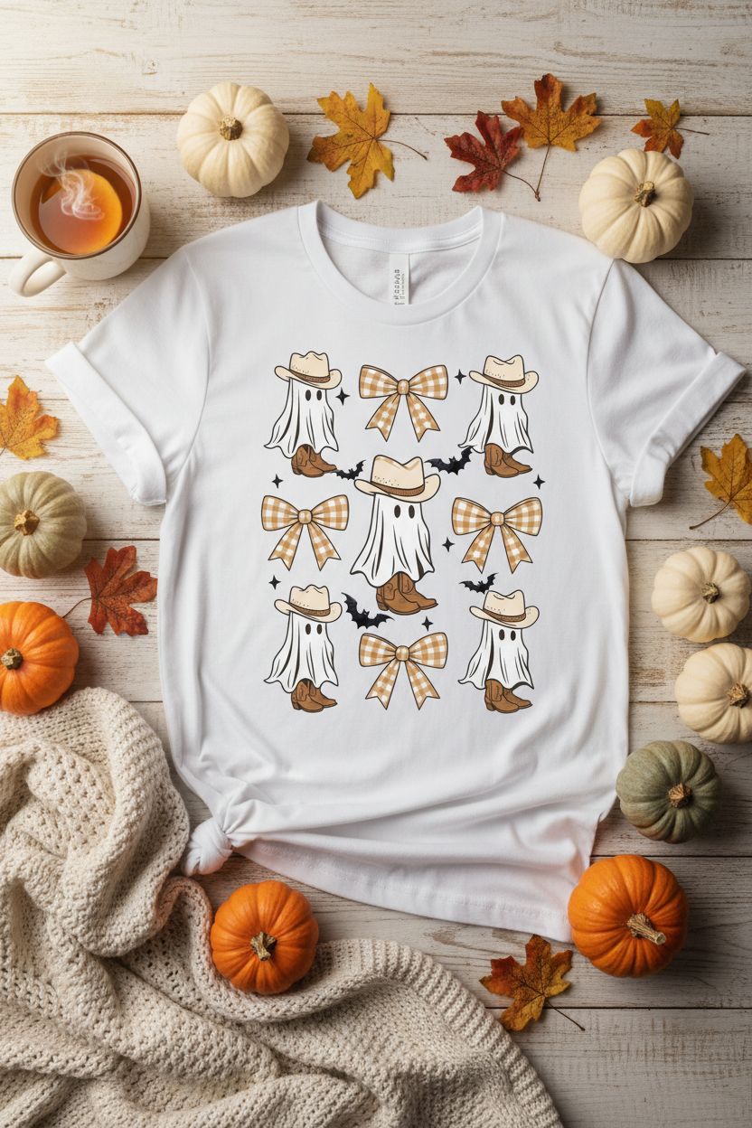 Cowboy ghost and gingham bows Halloween t-shirt flat lay mockup