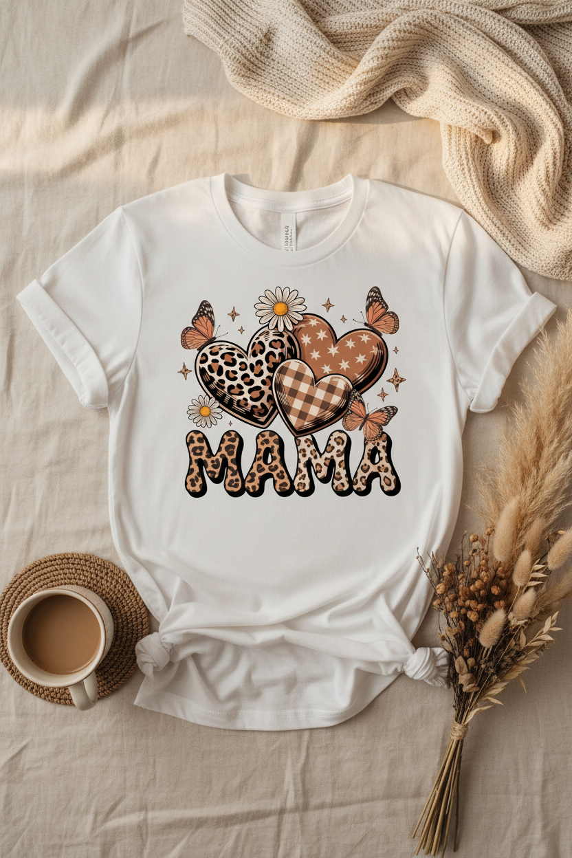 Mama Leopard Hearts Flat Lay T-Shirt Mockup