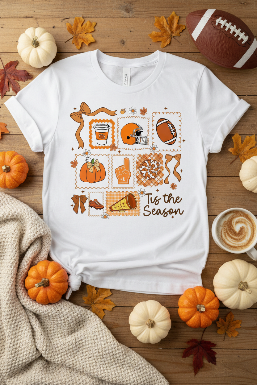 Tis the Season fall football stamp collage t-shirt on white tee with autumn flat lay styling