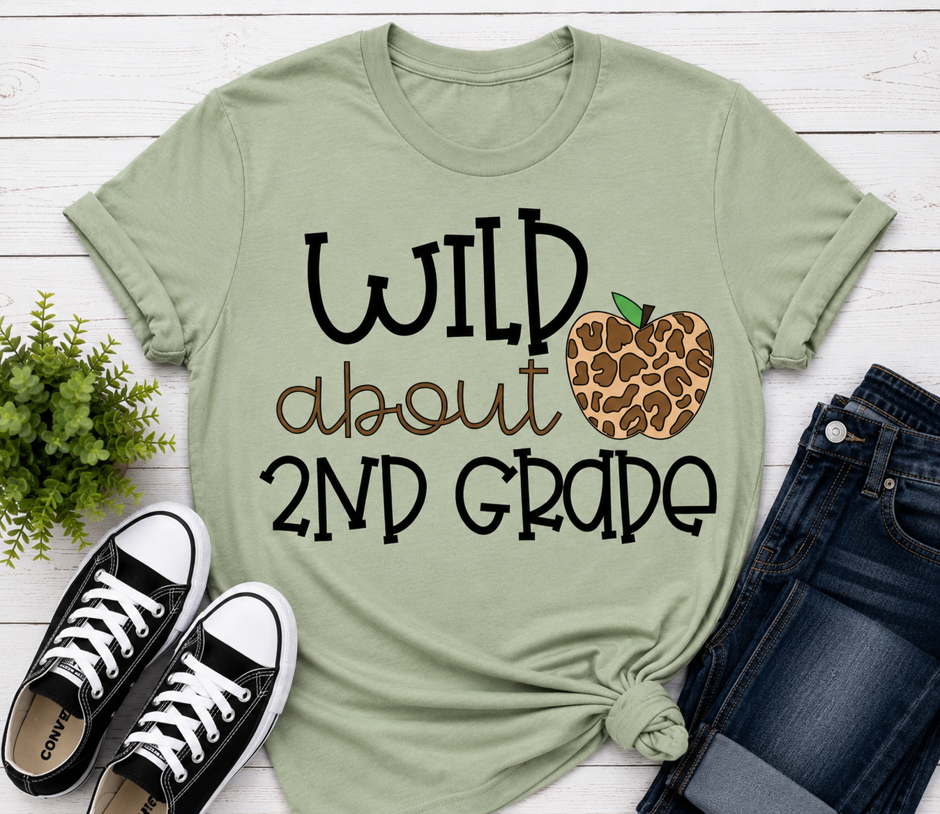 Wild About 2nd Grade t-shirt in sage green with leopard apple