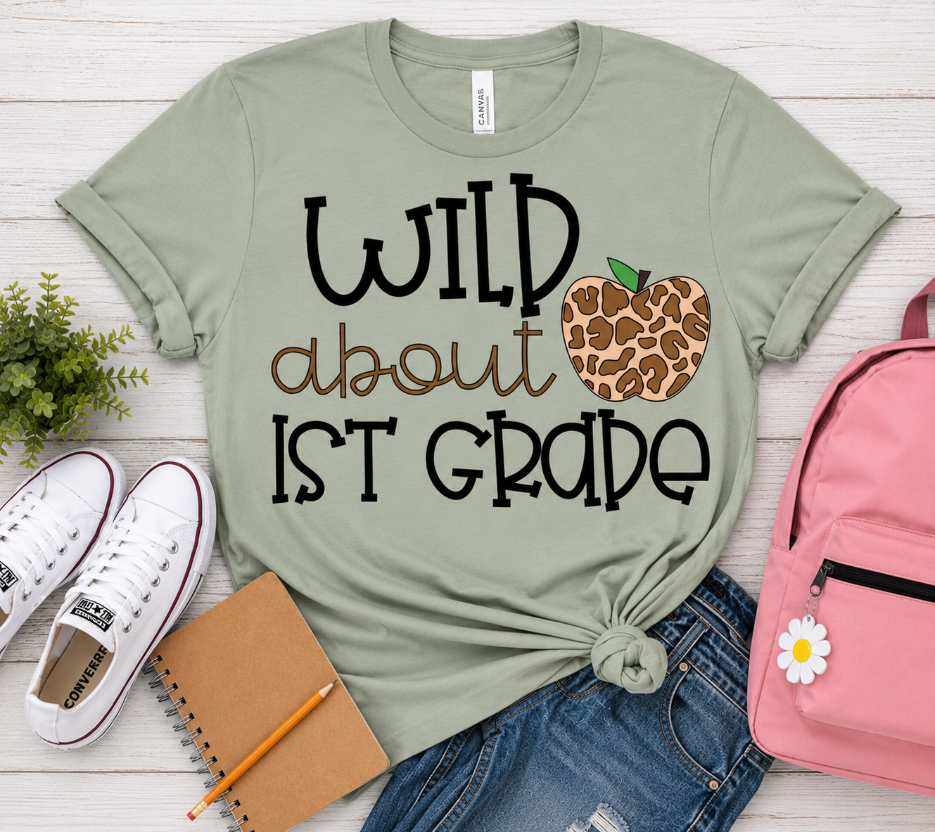 Wild About 1st Grade t-shirt in sage green